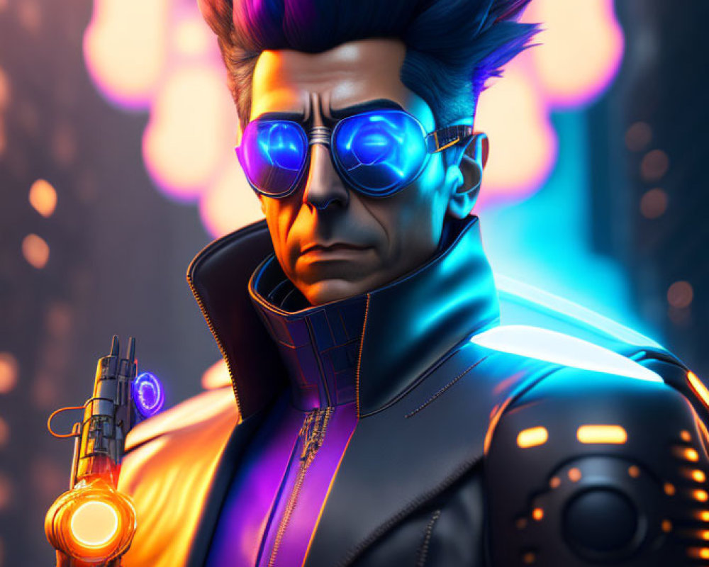 Futuristic character digital artwork with spiked hair, sunglasses, and glowing weapon