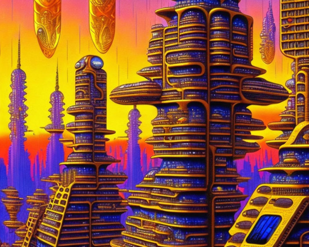 Futuristic cityscape at sunset with towering skyscrapers & flying vehicles