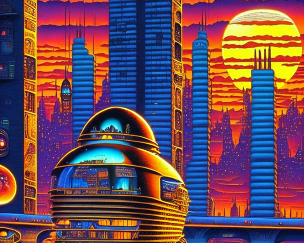 Retro-futuristic cityscape with skyscrapers and domed vehicle at sunset