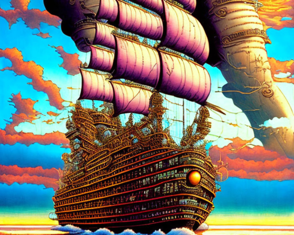 Fantastical ship with towering sails in vibrant sunset above clouds
