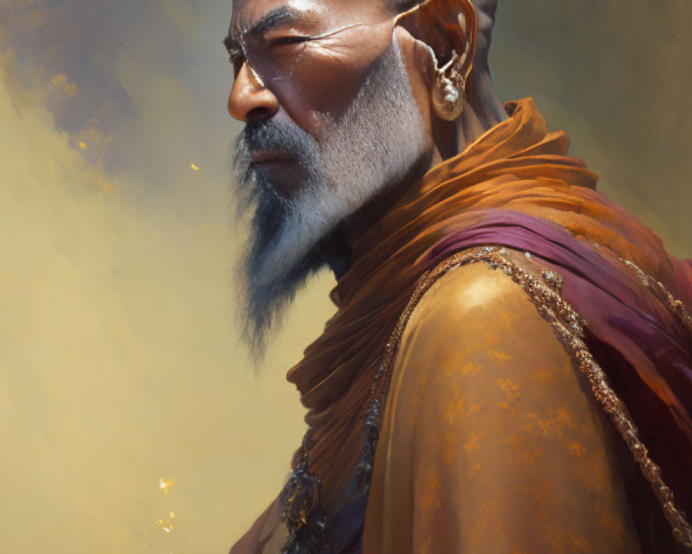 Elder Male Figure in Gold-Embellished Robe and White Beard