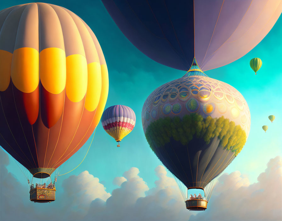 Colorful hot air balloons in serene sky with unique tree-filled basket, whimsical clouds, dreamy