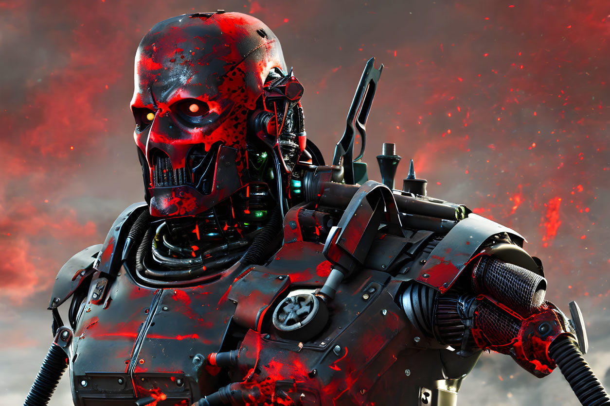 Detailed close-up of red-tinted metallic robot with glowing eyes and intricate mechanical details against reddish