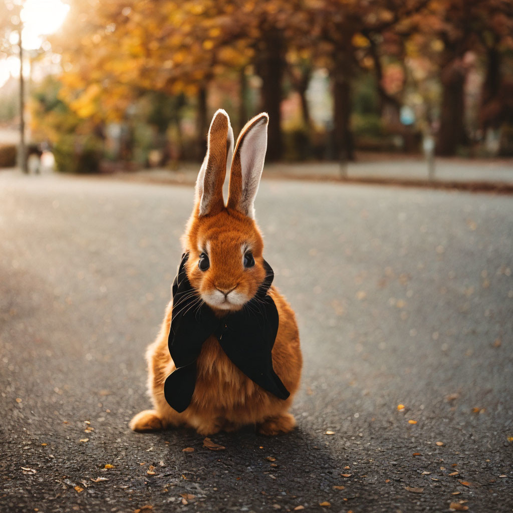 Black Bow Tie Rabbit Sitting Among Autumn Leaves at Sunset