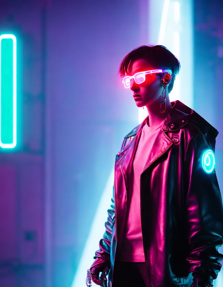 Futuristic glasses and leather jacket in cyberpunk setting