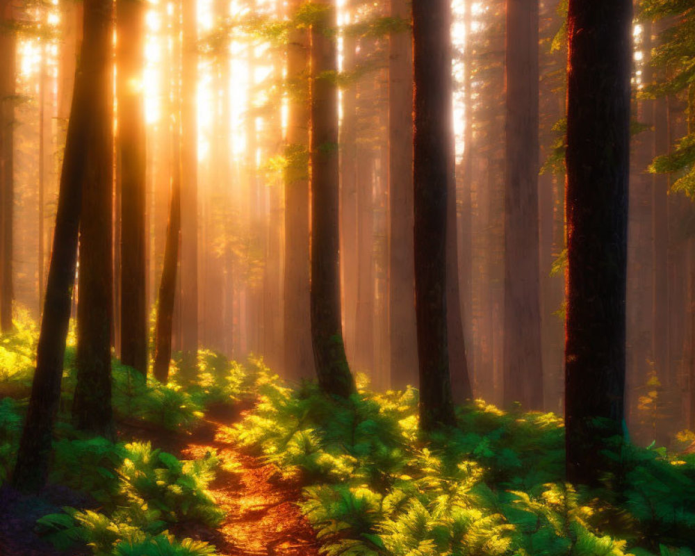 Misty forest with sunlight filtering through tall trees