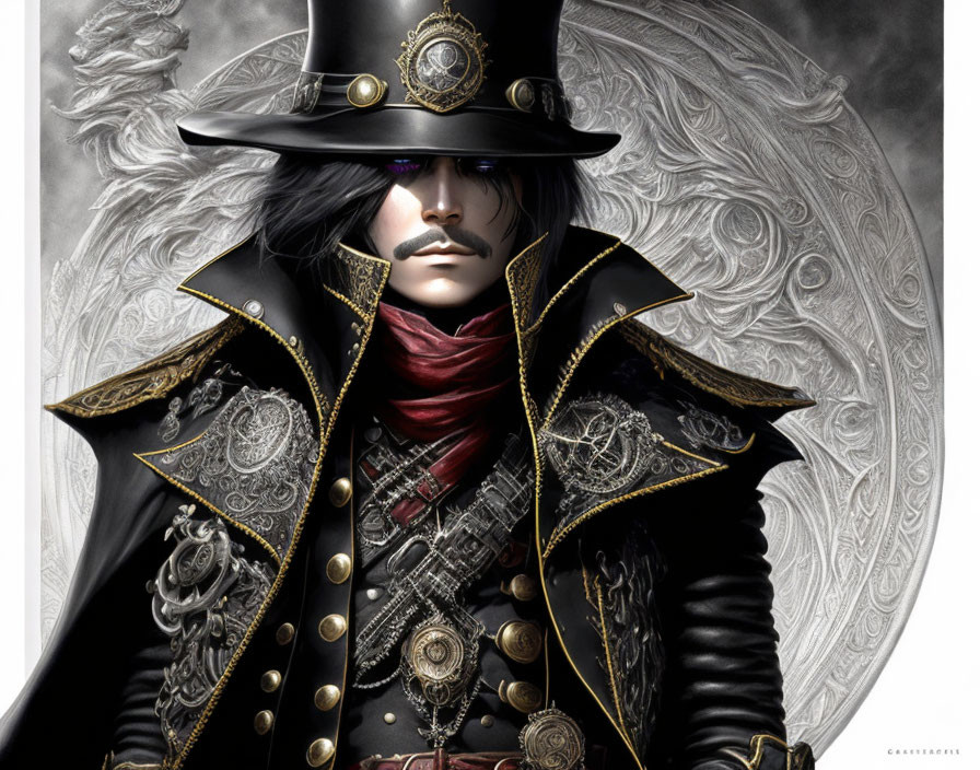 Detailed Gothic Steampunk Outfit with Top Hat and Gears