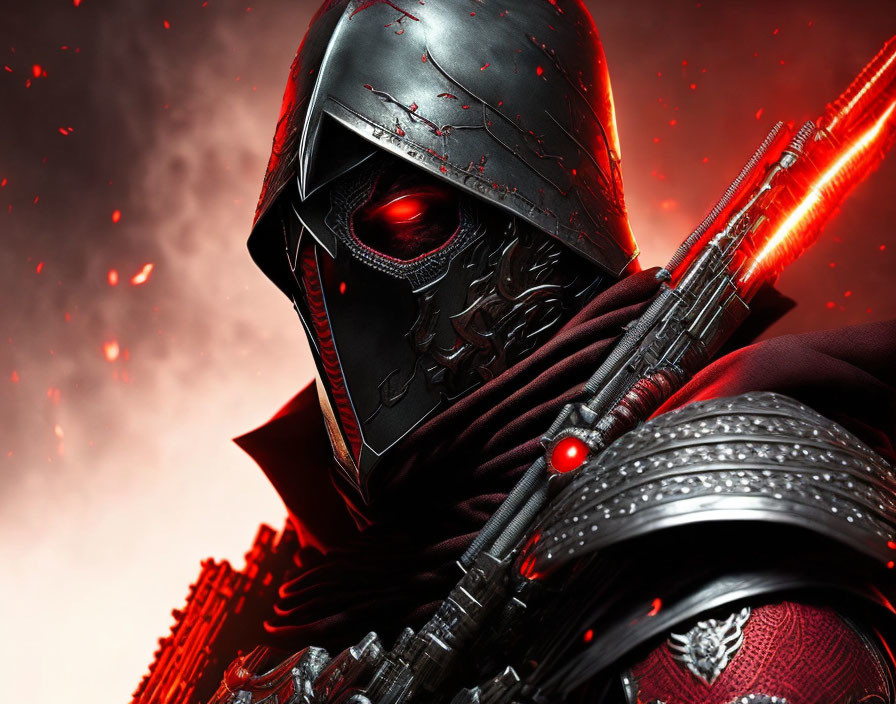 Dark-armored figure with red-eyed helmet wields red-bladed weapon in fiery setting