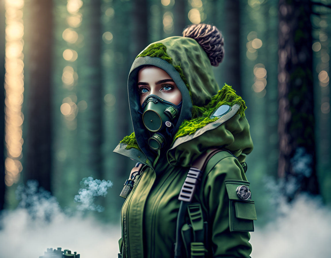 Person in green hooded jacket and gas mask in forest with sunlight filtering through trees