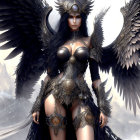 Detailed Artwork: Woman with Dark Angelic Wings in Ornate Metallic Armor