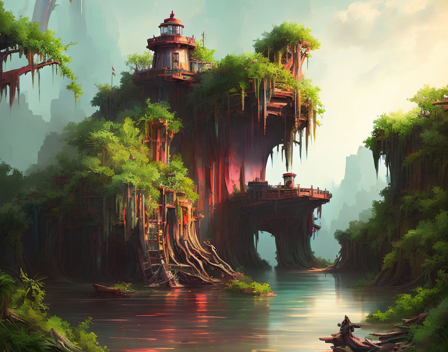 Fantasy landscape with towering trees, river, hanging roots, and lush foliage