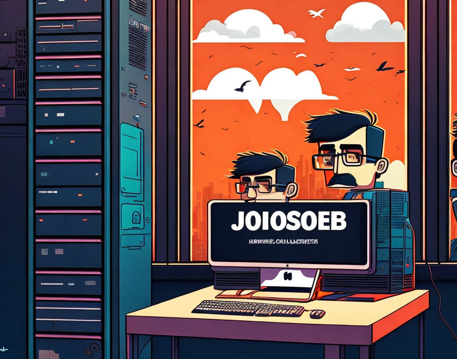 Illustration of two people in server room with "JOIOSEB" on screen, sunset view