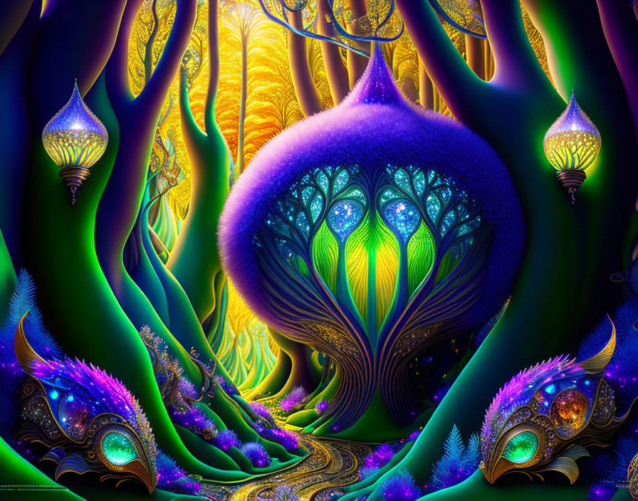 Colorful digital artwork: stylized trees with peacock feather motifs and lanterns on dark background