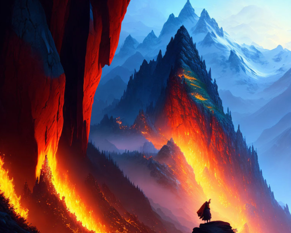 Solitary figure at cave entrance gazes at fiery landscape with molten streams under orange sky