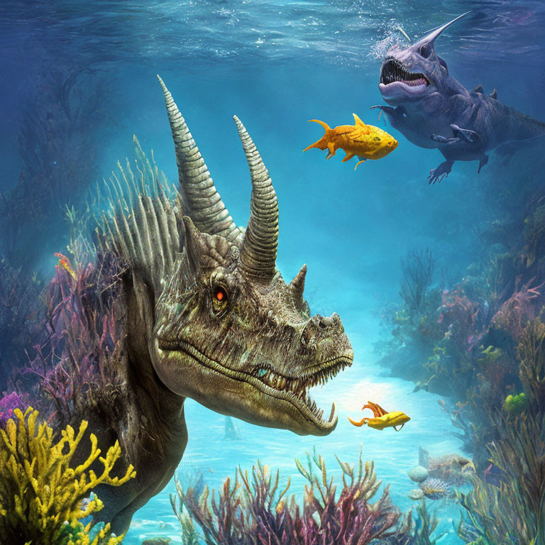 Vibrant digital artwork: Underwater scene with stylized dragon-like dinosaurs, coral reefs, tropical
