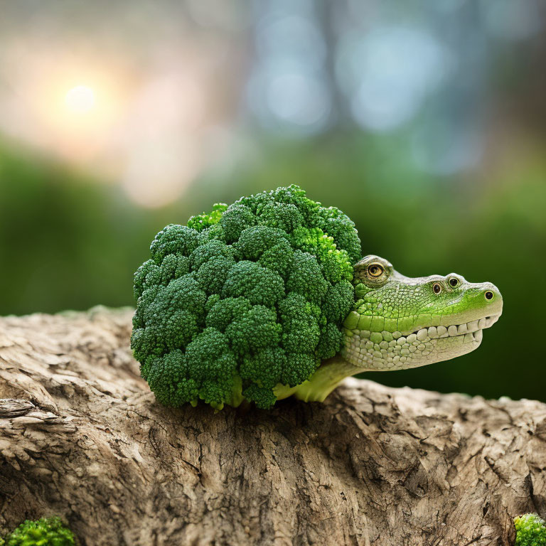 Digitally altered image of crocodile head blended with broccoli on green backdrop