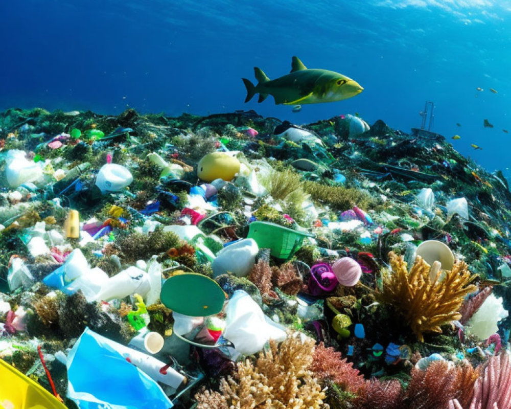 Colorful Coral and Marine Life Amid Plastic Waste: Underwater Scene Depicting Ocean Pollution