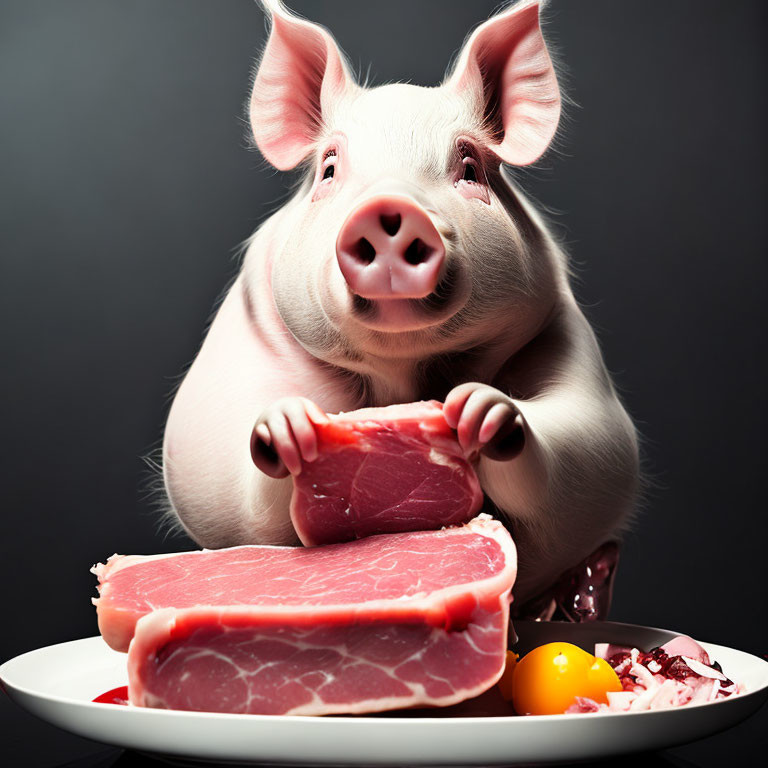 Pig with raw pork steak and eggs on dark background