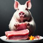 Pig with raw pork steak and eggs on dark background