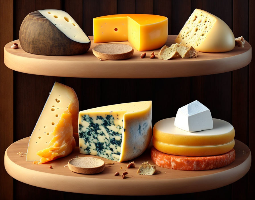 Assorted cheese types on wooden shelves: blue, Swiss, cheddar, brie.