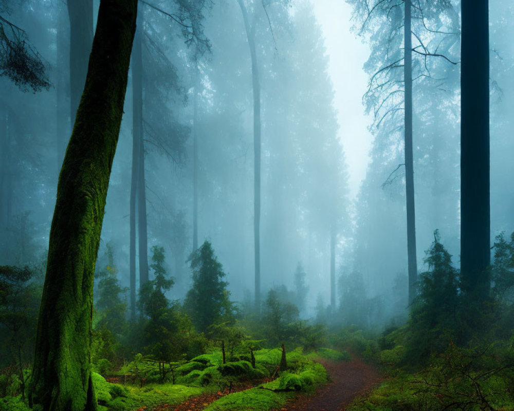 Misty forest with moss-covered trees and winding path