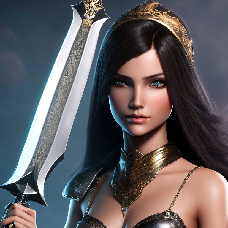 Fantasy digital art of female warrior with black hair, blue eyes, golden tiara, armor,