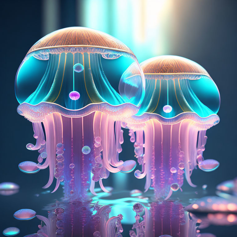 Luminous jellyfish in dark blue backdrop