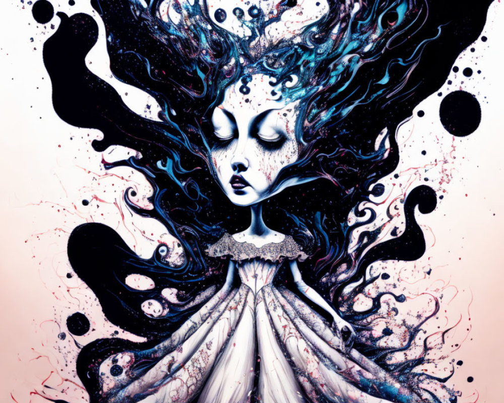 Surreal artwork of woman with flowing hair transforming into dark swirls, bubbles, blue and pink