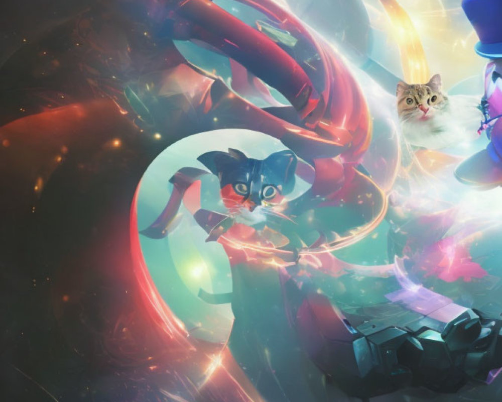 Colorful cosmic artwork with humanoid figure and cat in dynamic shapes