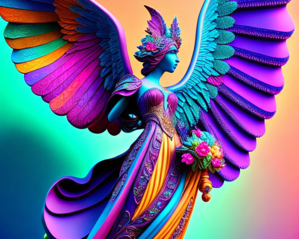 Vibrant digital artwork: winged female figure on gradient background