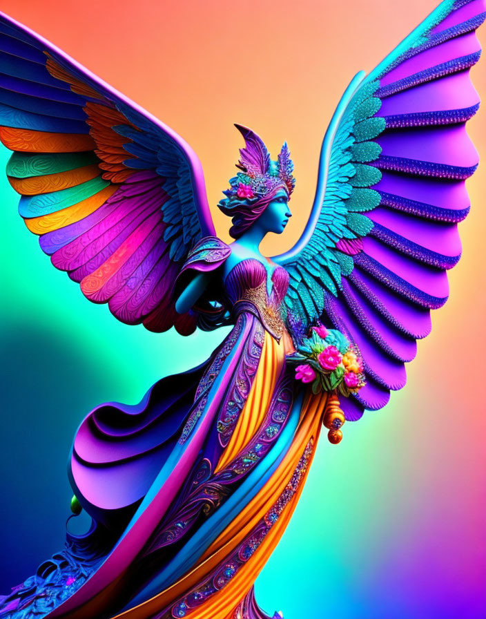 Vibrant digital artwork: winged female figure on gradient background