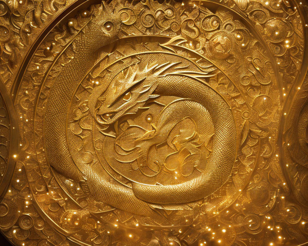 Golden Dragon Carving: Swirling Patterns and Sparkling Lights