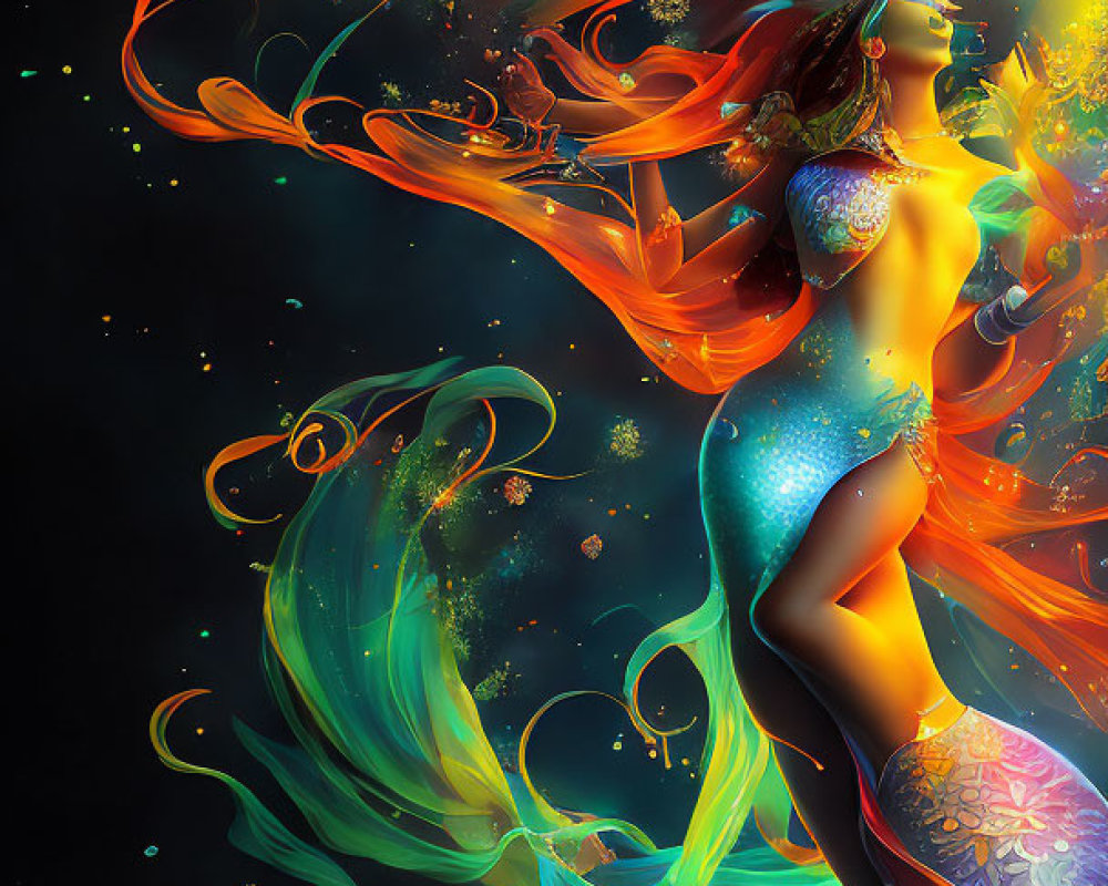 Colorful illustration of woman with flowing hair and dress and cosmic elements