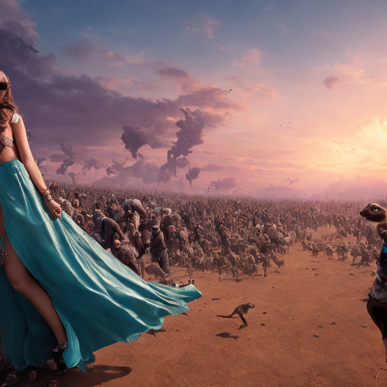Woman in Blue Dress Surrounded by Ostriches in Surreal Landscape