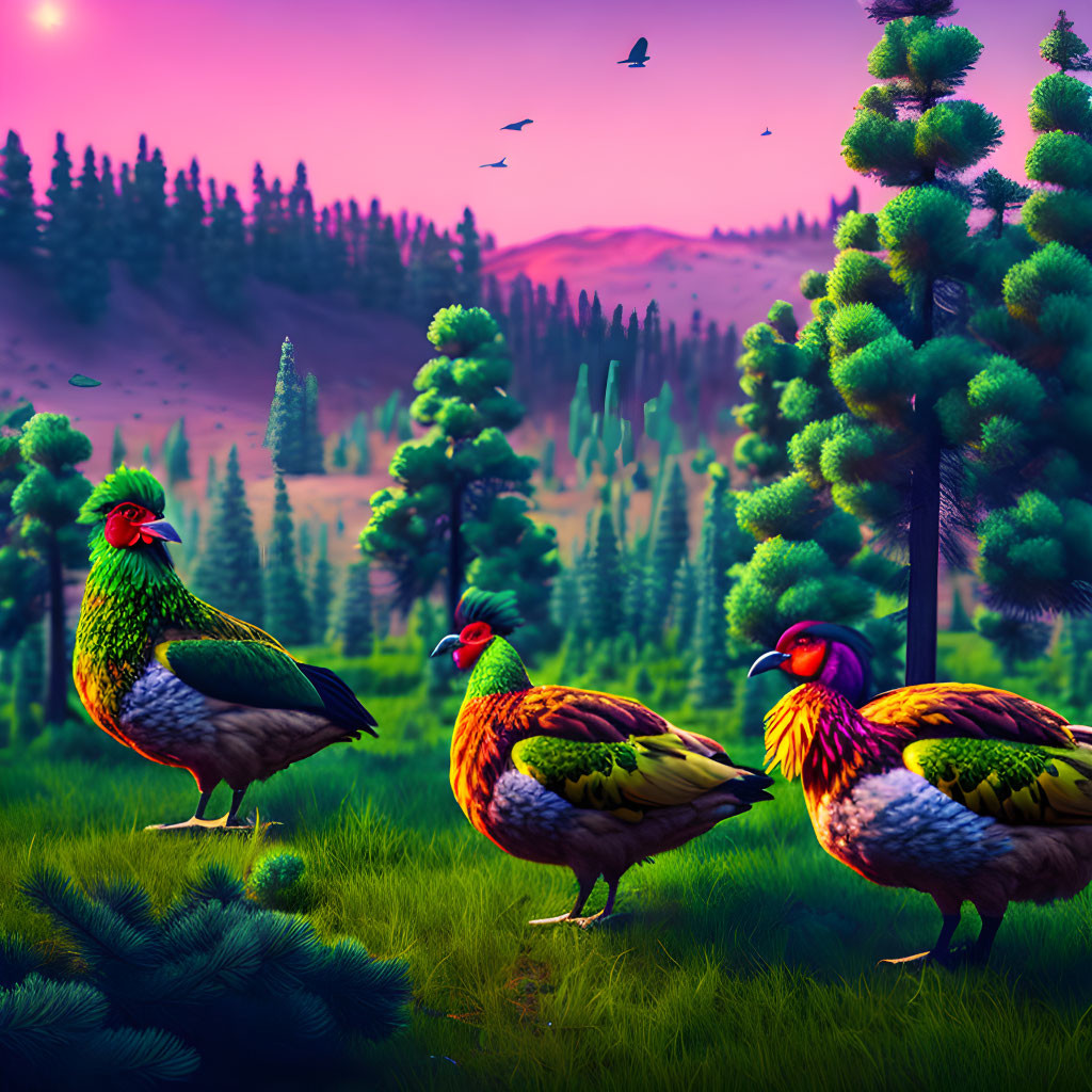 Vibrant colored birds in pink forest with flying silhouettes