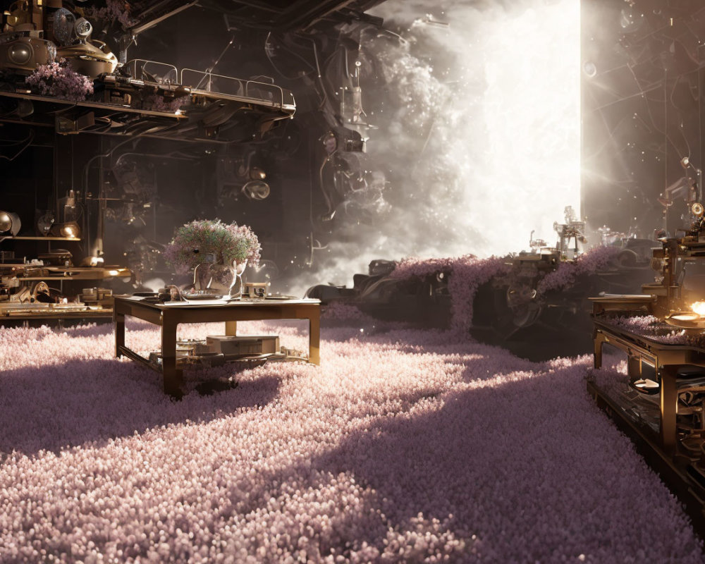 Purple Flower-Filled Room with Vintage Machinery and Botanical Accents