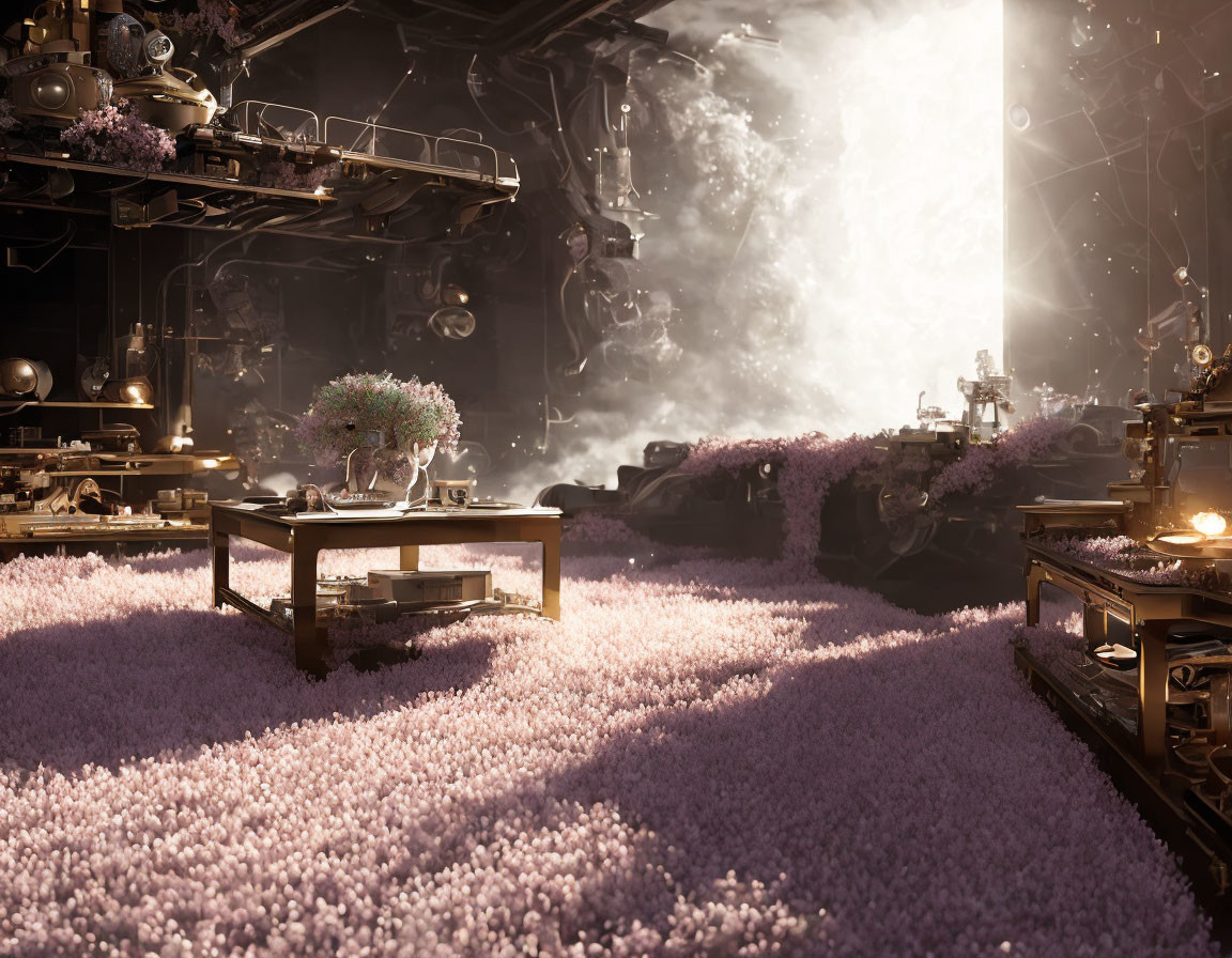 Purple Flower-Filled Room with Vintage Machinery and Botanical Accents