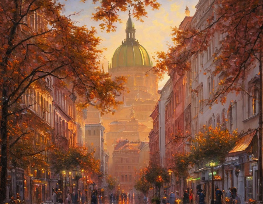 City street at sunset with autumn leaves, people walking, and dome-topped building in warm glow
