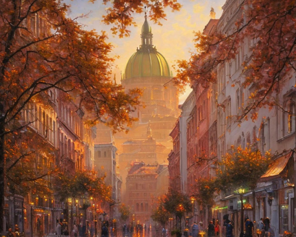 City street at sunset with autumn leaves, people walking, and dome-topped building in warm glow
