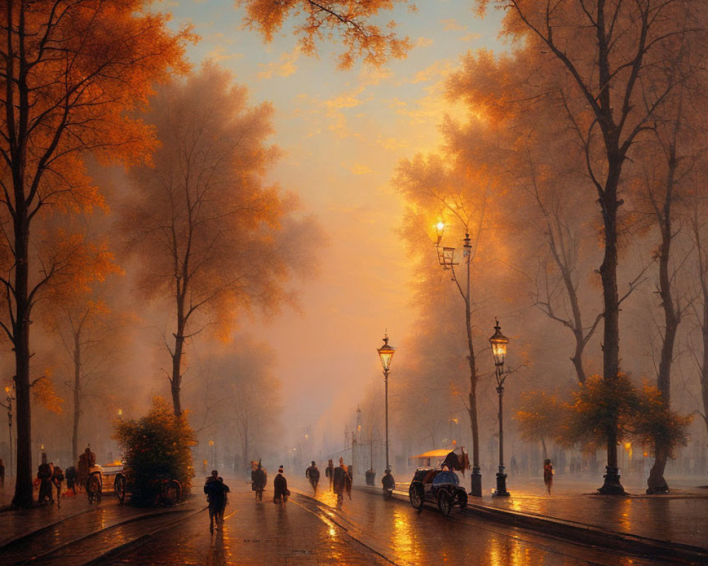 Misty Evening Scene: Glowing Street Lamps, Tree-lined Boulevard, People, Horse-drawn