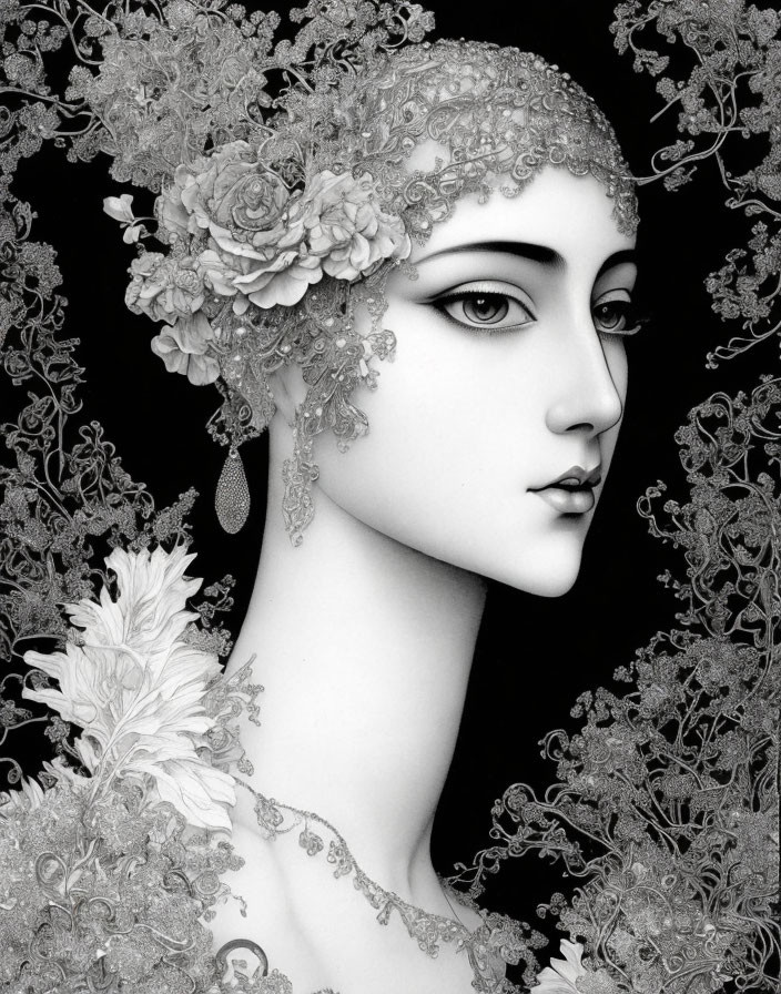 Monochrome image of a woman in lace headpiece and feathers, blending classic romance with surrealism