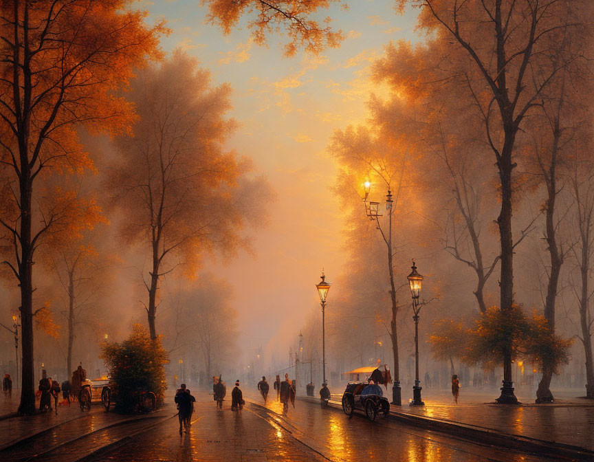 Misty Evening Scene: Glowing Street Lamps, Tree-lined Boulevard, People, Horse-drawn