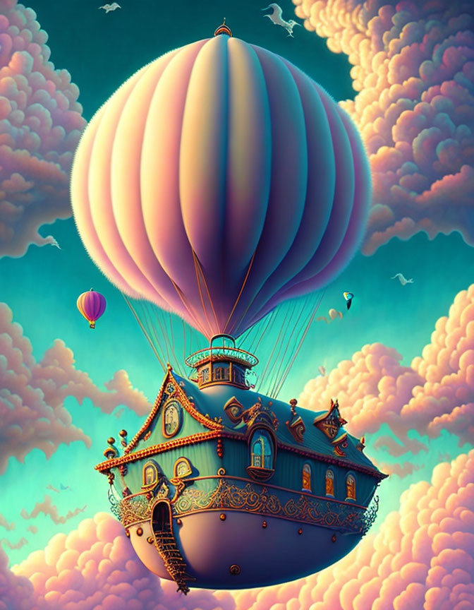 Whimsical illustration of grand ship-like structure in clouds