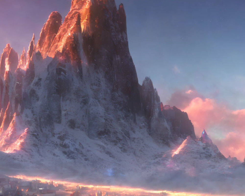 Snowy mountains and futuristic city in fantasy landscape