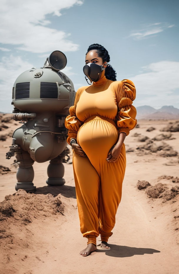 Stylish woman in orange jumpsuit with sunglasses next to futuristic robot in desert landscape