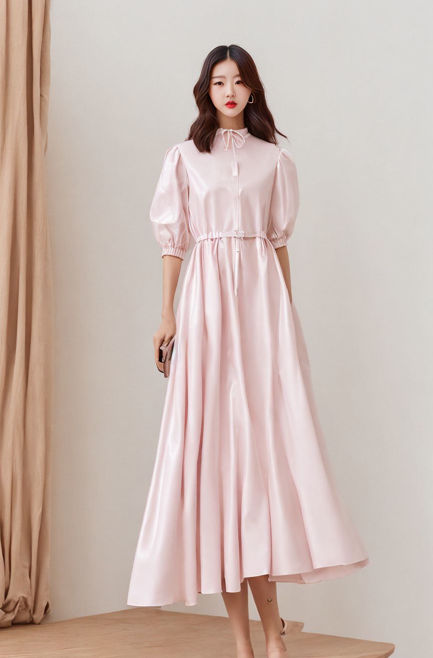 Woman in Pale Pink Satin Midi Dress with High Neck and Puff Sleeves