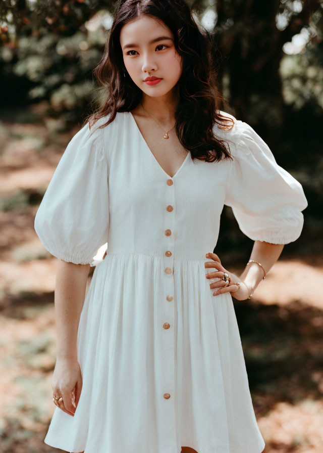 Woman in White Puffy-Sleeve Dress Outdoors