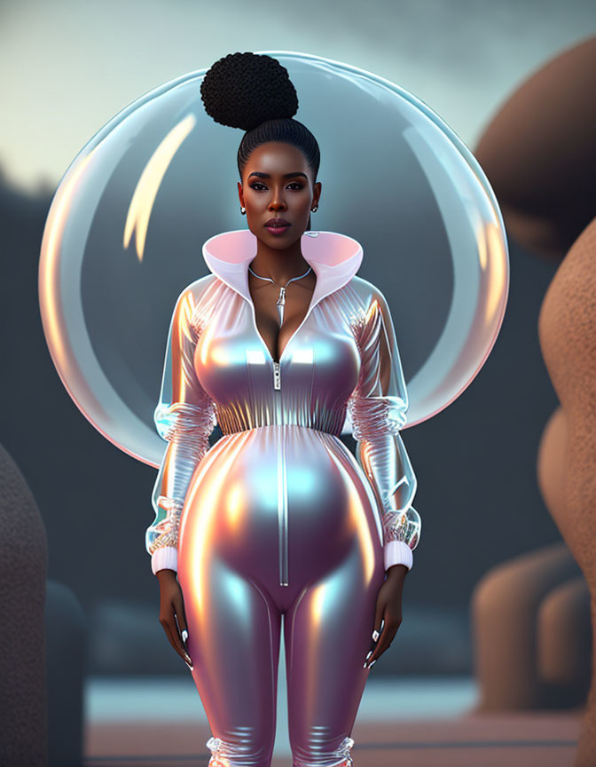 Futuristic digital art: Woman in iridescent suit with glowing halo and spheres