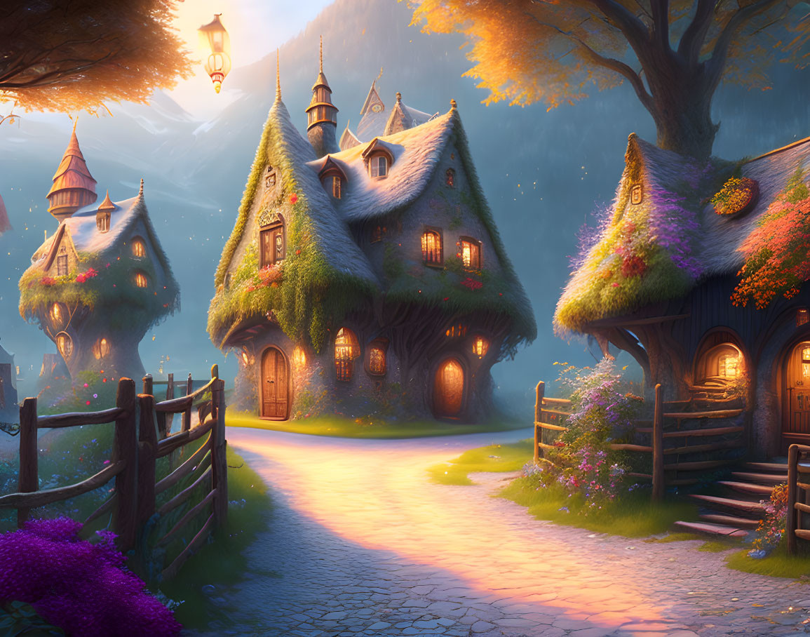 Fairytale cottages in enchanting village at twilight