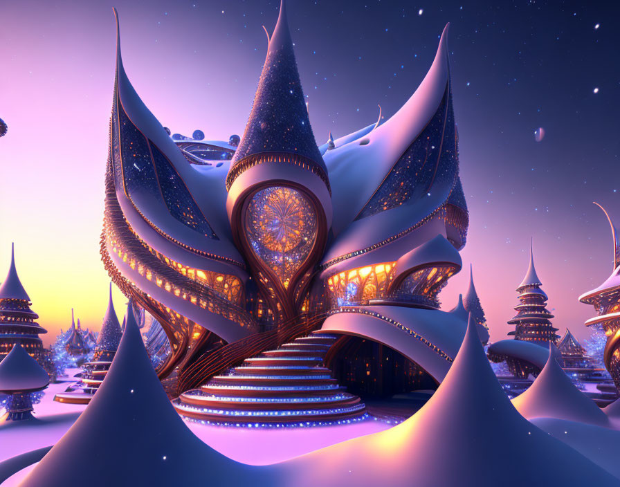 Fantastical illuminated building with pointed spires in snowy twilight
